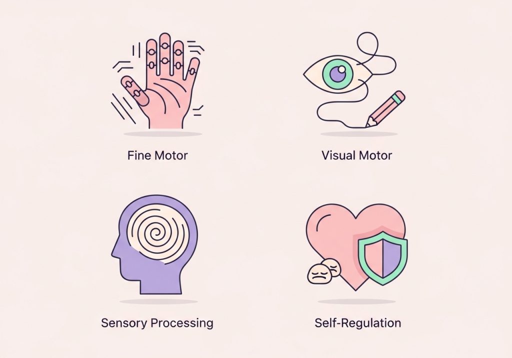 Vector icons representing key pre occupational skill areas: fine motor, visual motor, sensory processing, and self-regulation.