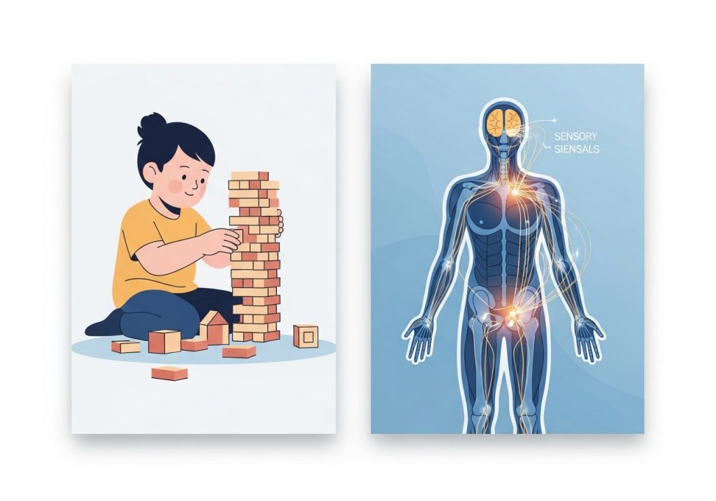 An illustration showing the connection between kinesthetic sensory input and a child's ability to focus on a motor task.