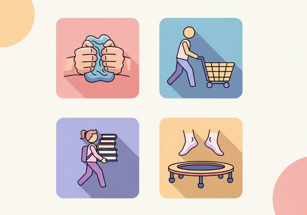 A set of four icons representing kinesthetic sensory activities: squeezing putty, pushing a cart, carrying books, and jumping.