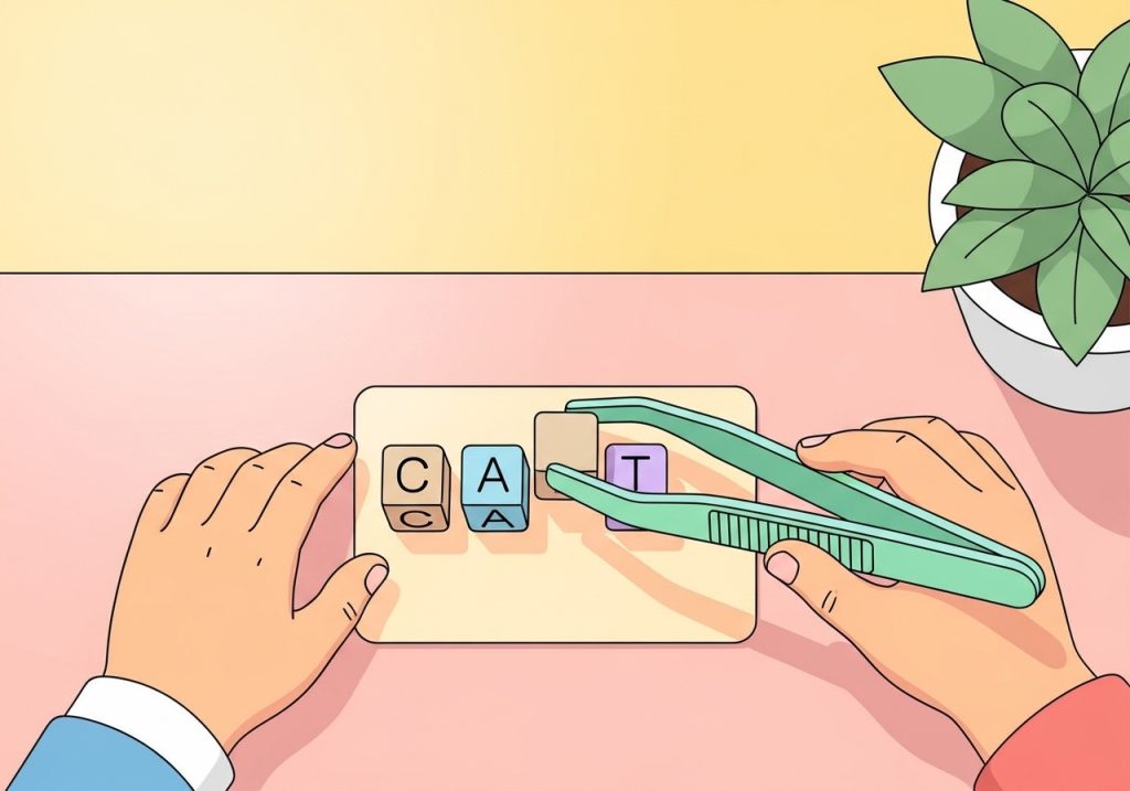 Illustration of a child practicing fine motor skills in a literacy center by using tweezers to spell a word with letter cubes.