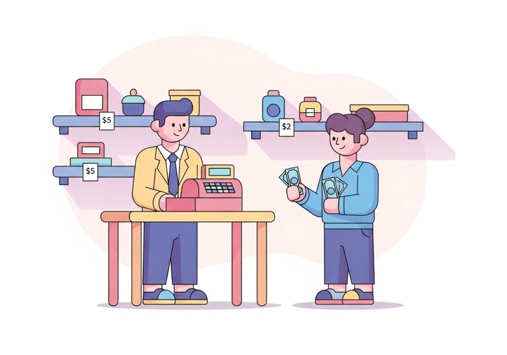 An illustration of students using a classroom store to practice financial literacy skills, representing effective OCS ideas.