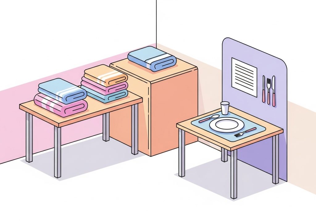 A classroom area set up as an independent living skills lab, a useful OCS idea for teaching daily routines.