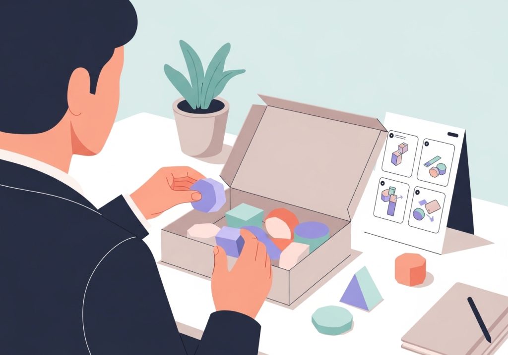 An illustration of a student using a vocational task box to practice assembly skills as part of their OCS program.