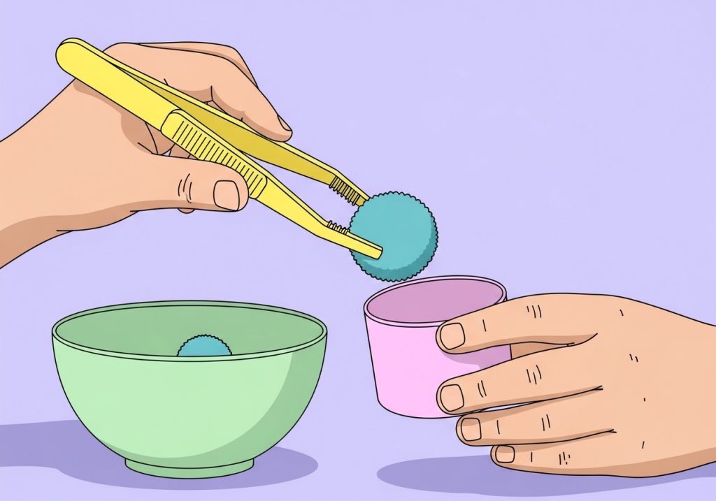 A child practices their pincer grasp by using tweezers to move a colorful pom-pom, a fine motor skill activity.