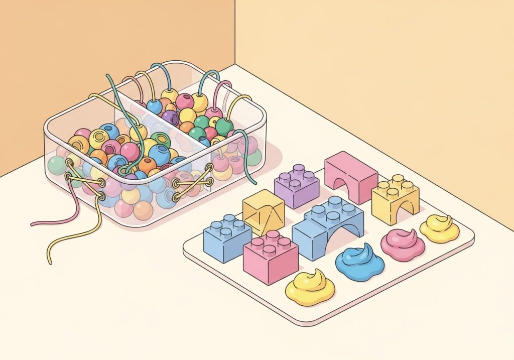 An illustration of play-based learning stations with beads and blocks to support fine motor skills.