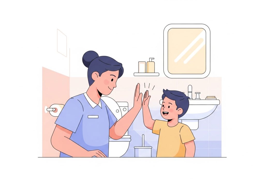 An illustration showing a caregiver praising a child, highlighting the importance of intrinsic motivation over tangible potty training rewards.