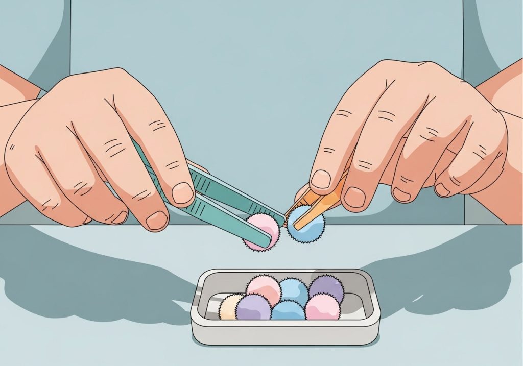 A child developing fine motor skills with tweezers and pom-poms as a pre-writing activity.