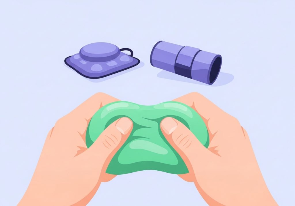 A pair of hands squeezing green therapy putty, a proprioceptive sensory tool for deep pressure.