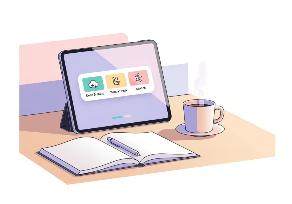 An illustration of a tablet showing a digital toolkit with icons for self-regulation activities like deep breathing and stretching.