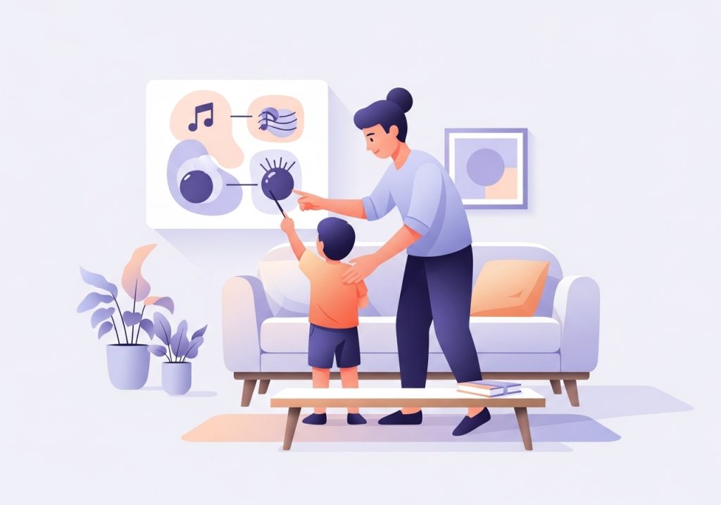 An illustration of a parent and child at home using a visual chart of coping strategies to support emotional self-regulation.