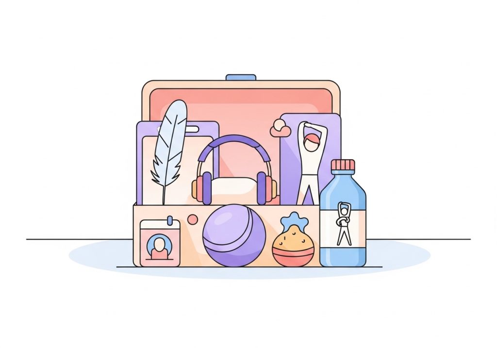 An illustration of a toolbox filled with icons representing self-regulation strategies and tools for the Zones of Regulation.