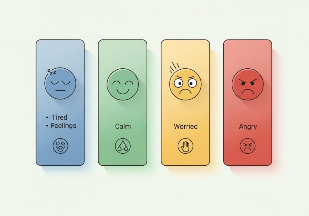 A chart illustrating the four self regulation zones: blue for tired/sad, green for calm/focused, yellow for worried/excited, and red for angry/overwhelmed.