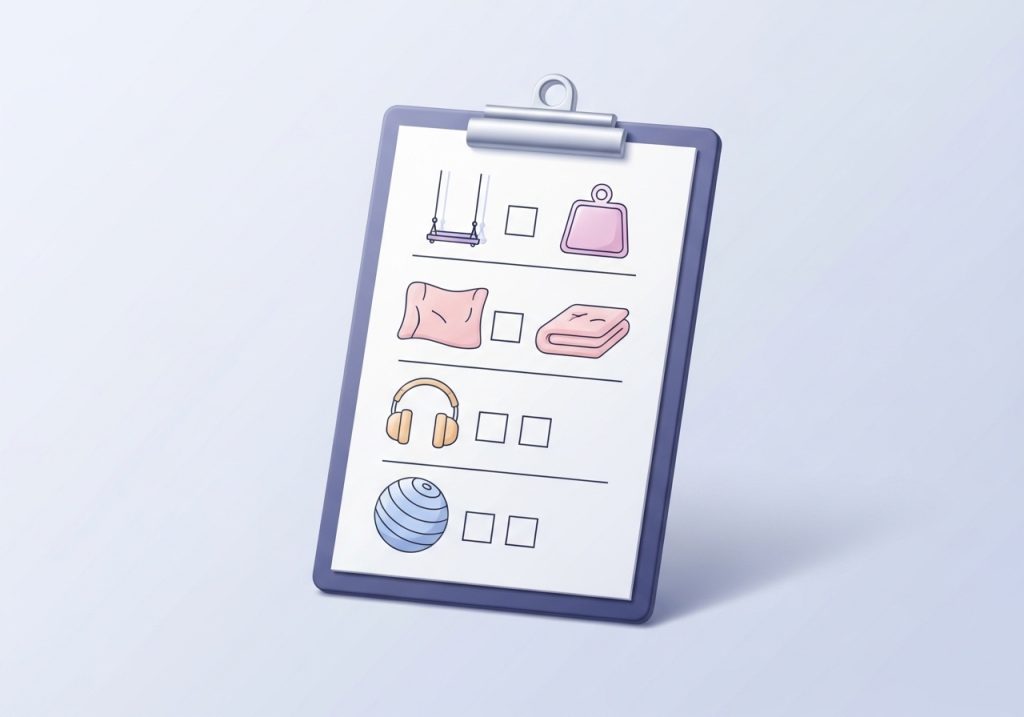 An illustration of a sensory diet checklist with icons for tools used in occupational therapy for SPD.
