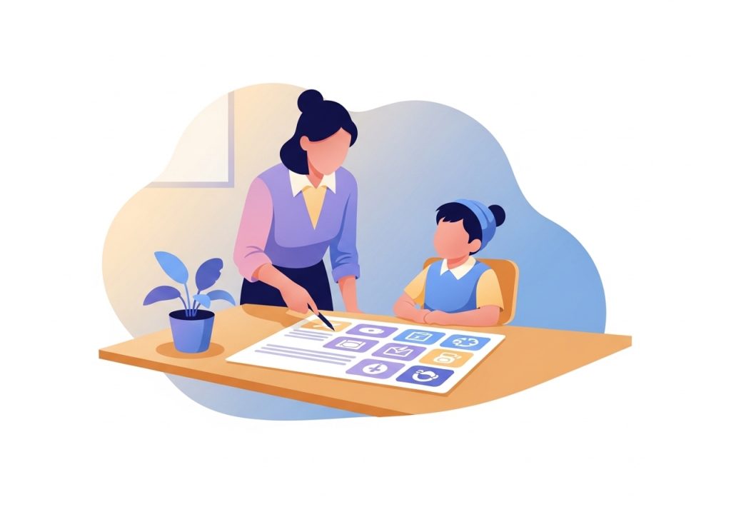 An illustration of a teacher using a visual schedule to provide sensory support for a student in the classroom.