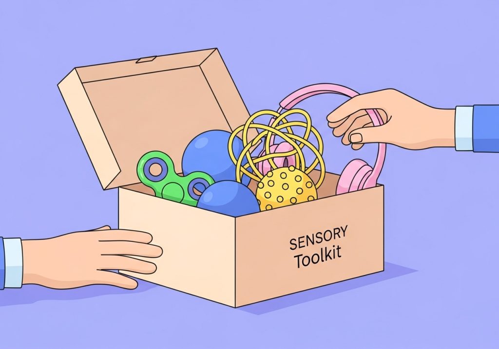 A vector illustration of a sensory toolkit with fidgets and headphones, a key support in a sensory guide for teachers.