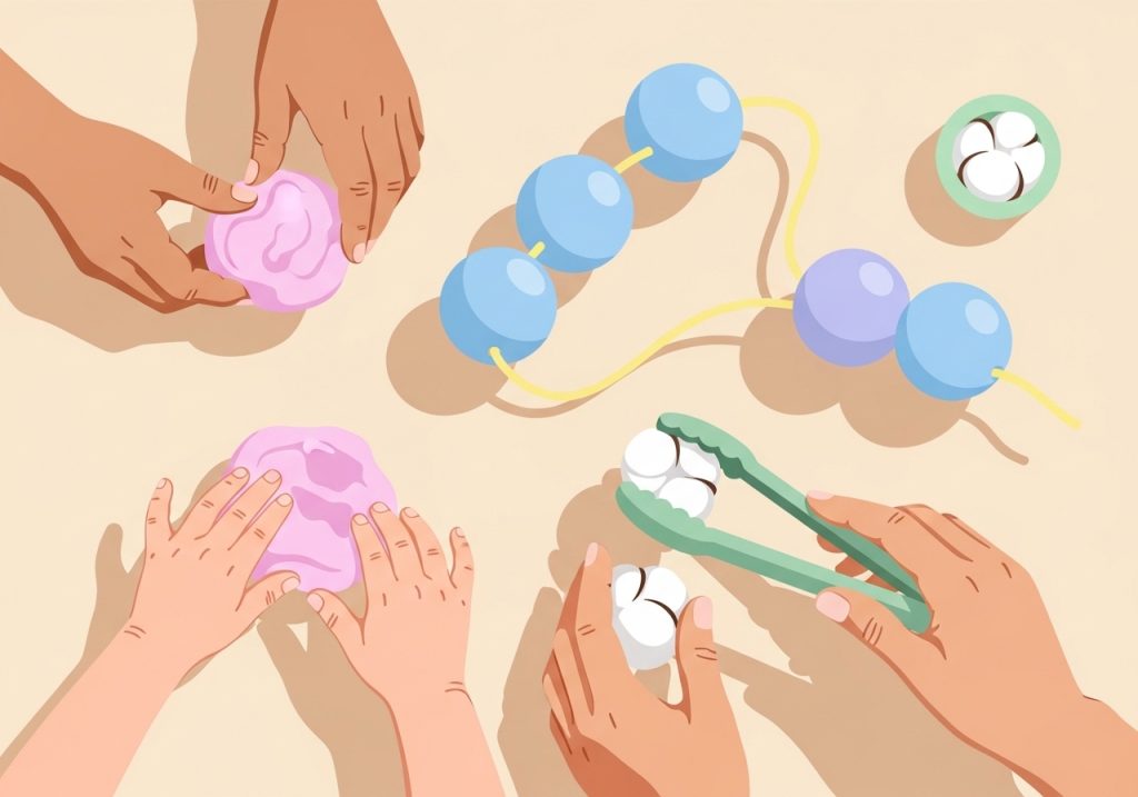 An illustration showing hands-on activities like using play-doh and stringing beads to support pre occupational skill growth.