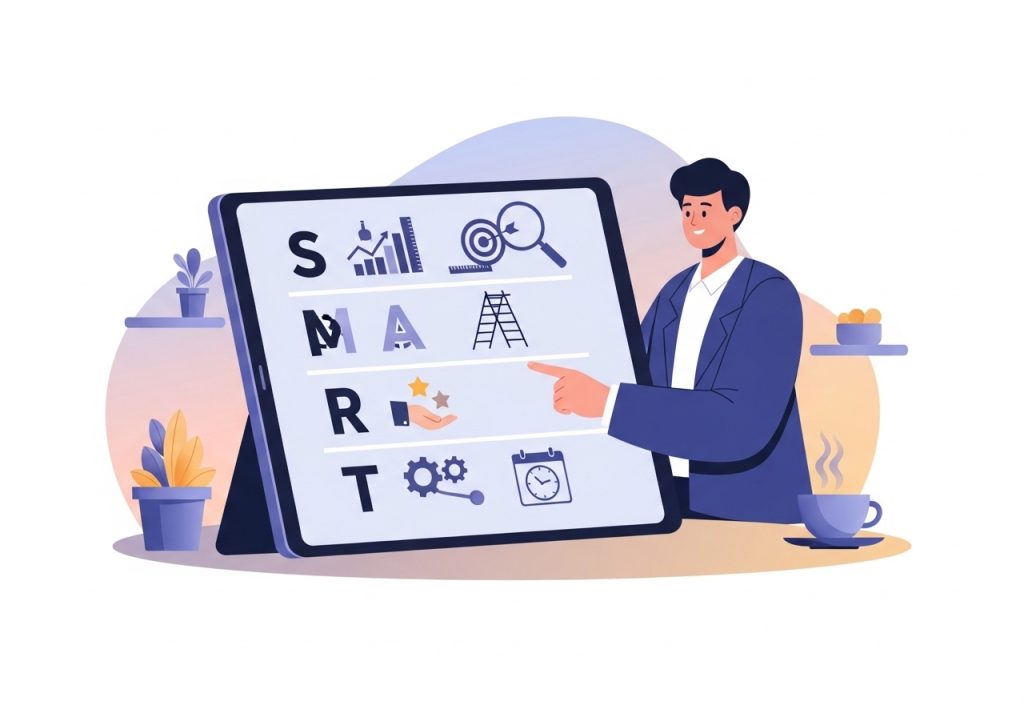 A graphic explaining the SMART goals examples framework with icons for each component.
