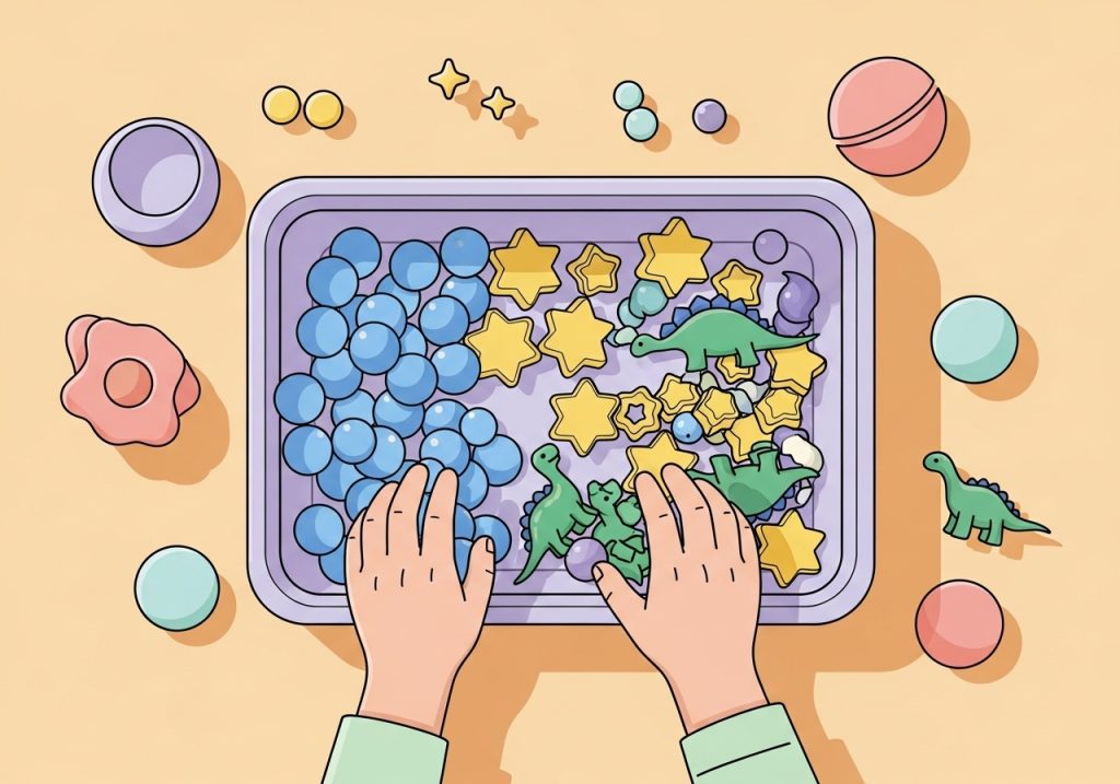 Illustration of a child's hands in a tactile sensory bin, a key sensory play activity for preschoolers.