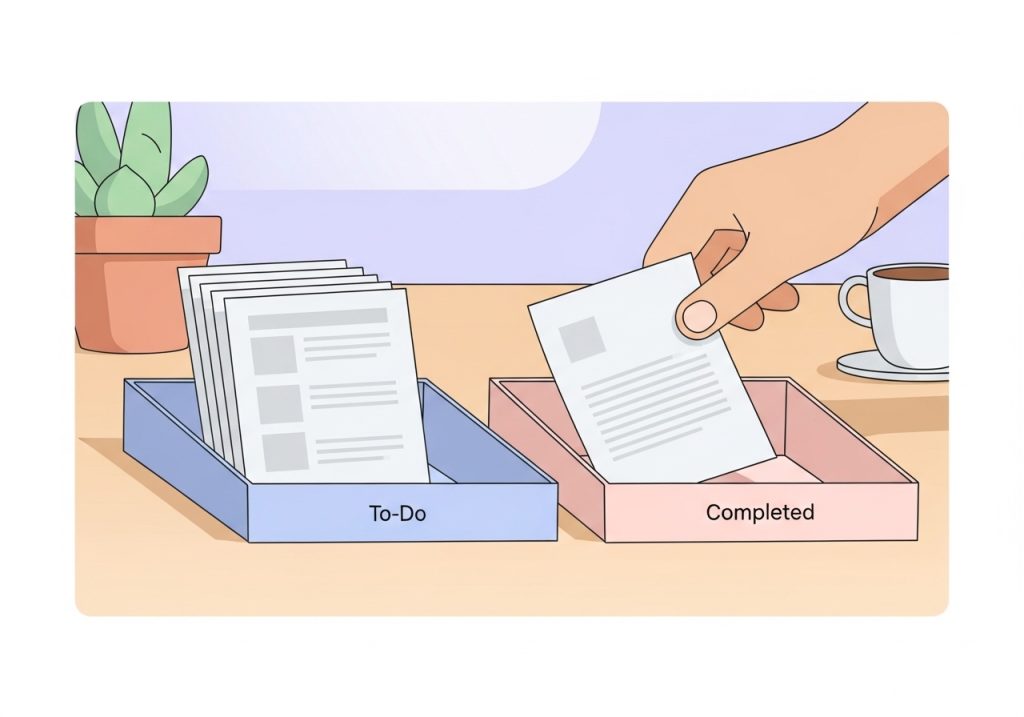 An illustration of 'To-Do' and 'Completed' bins, a simple OCS idea for task management.