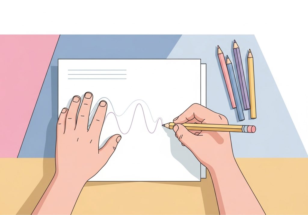 An illustration of a child tracing lines on a worksheet to develop the hand-eye coordination needed for writing.
