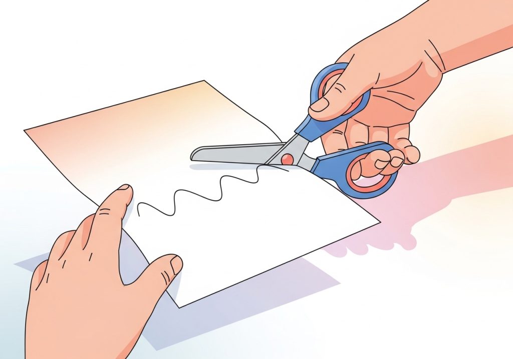 An illustration showing a child practicing visual motor coordination by cutting paper with scissors.