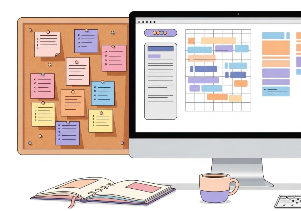Visual aids like planners and sticky notes used to organize study tasks for a student with ADHD.