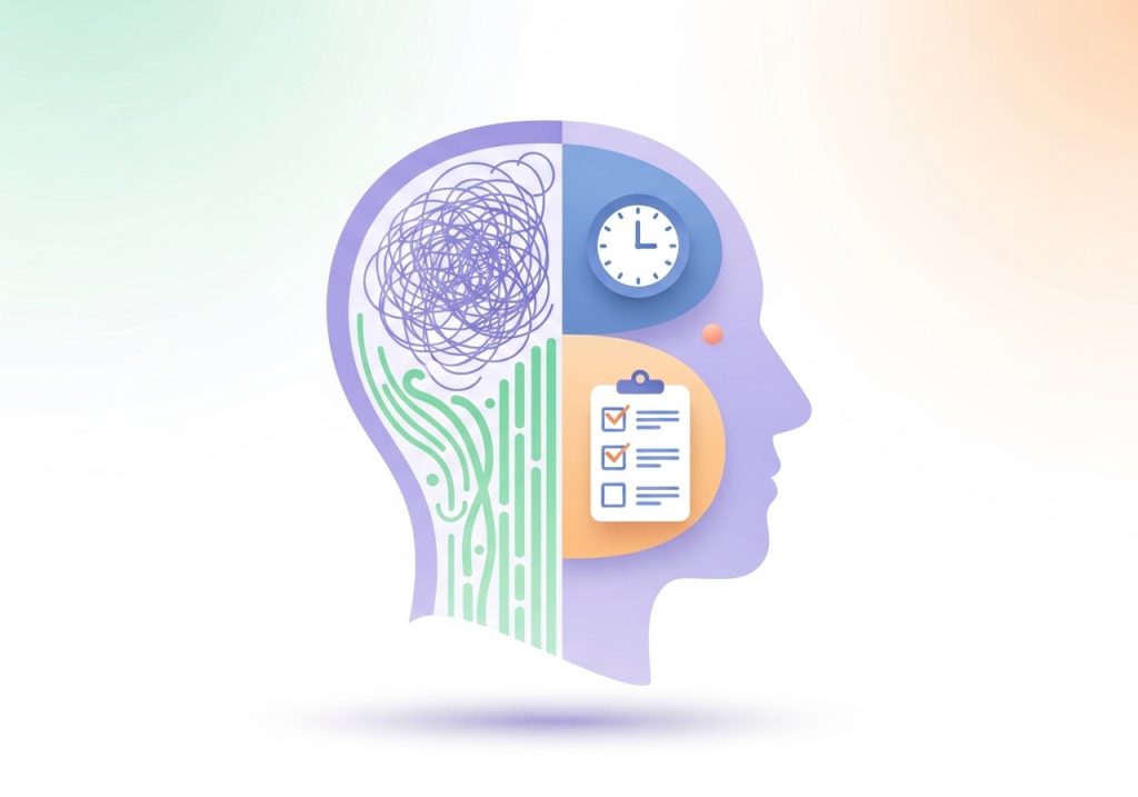 Illustration showing how a visual schedule supports executive function and reduces anxiety for autistic individuals.