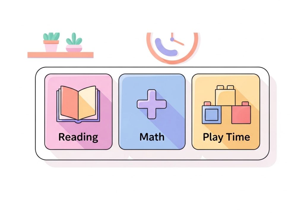 A visual schedule with icons for reading, math, and play, illustrating a classroom management strategy.