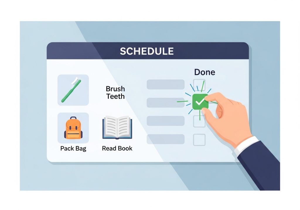 A visual schedule with task icons, a useful tool for teaching organizational skills and daily routines.