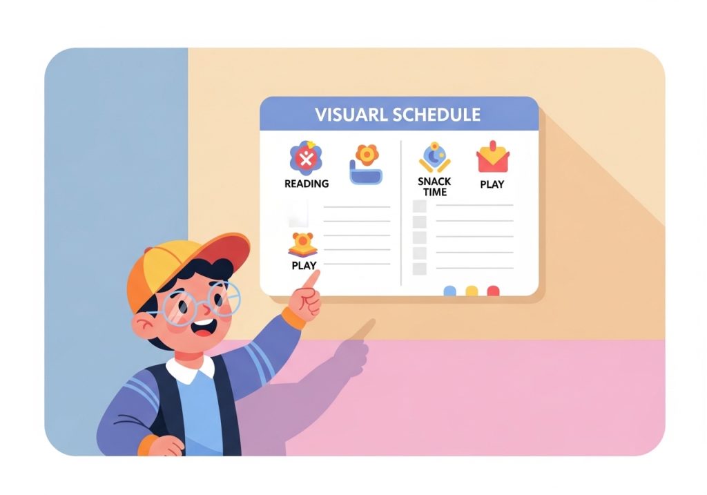 A vector illustration of a child using a visual schedule station to help with organization.