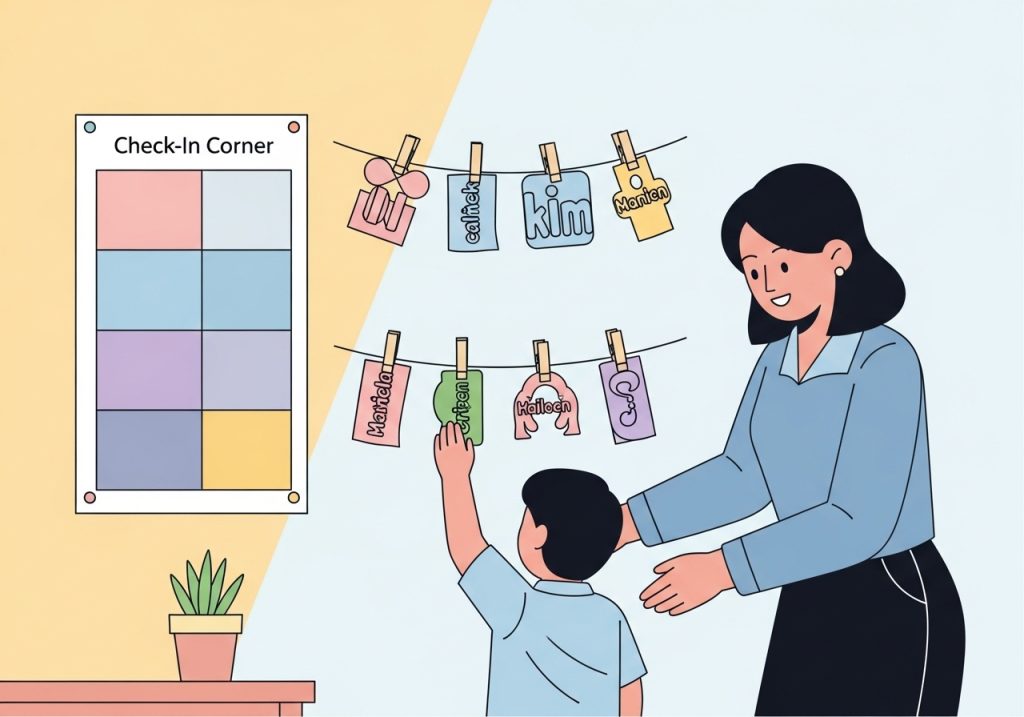 An illustration of a classroom check-in station where students can identify which of the self-regulation zones they are in.