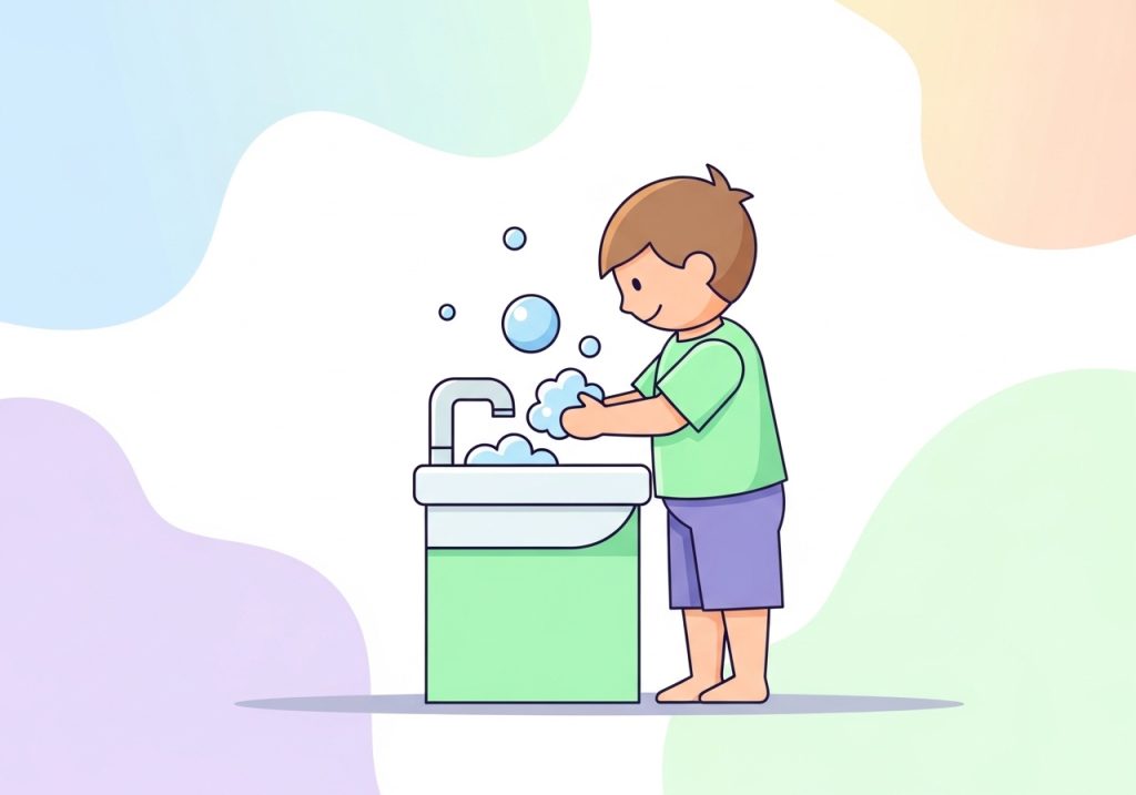 A child washing hands at a sink, an example of an Activity of Daily Living skill.