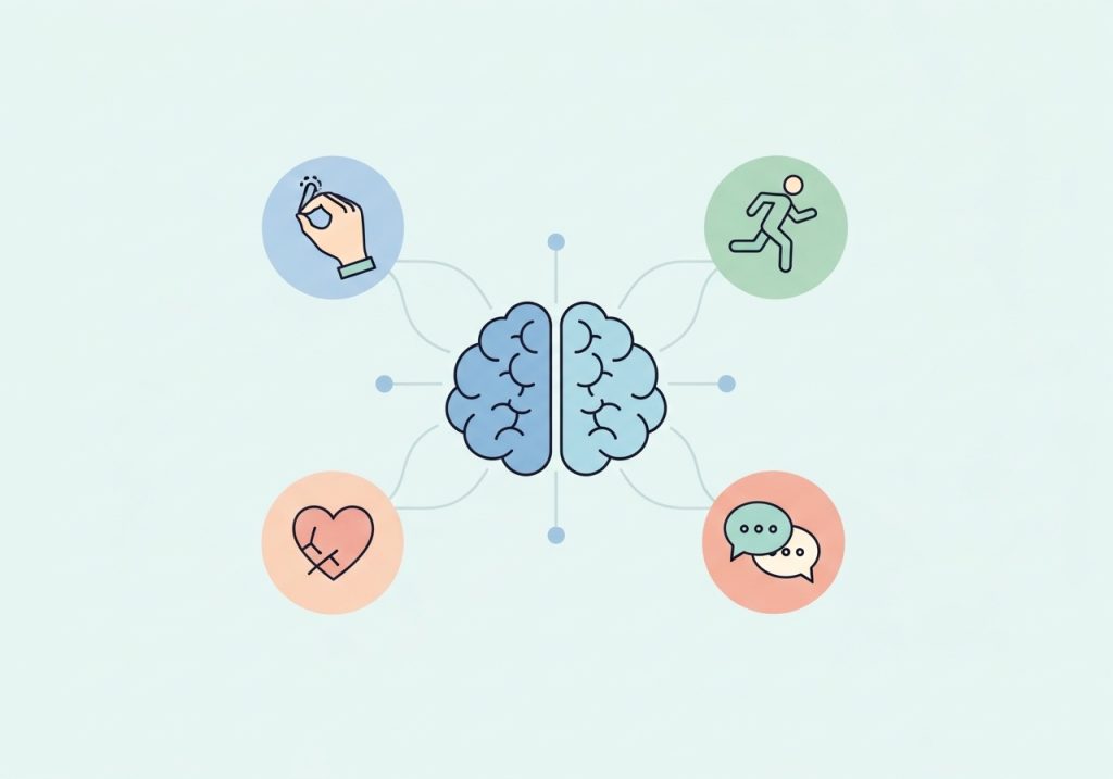 An abstract illustration showing icons for motor skills, emotional regulation, and social skills, representing the benefits of therapeutic play.
