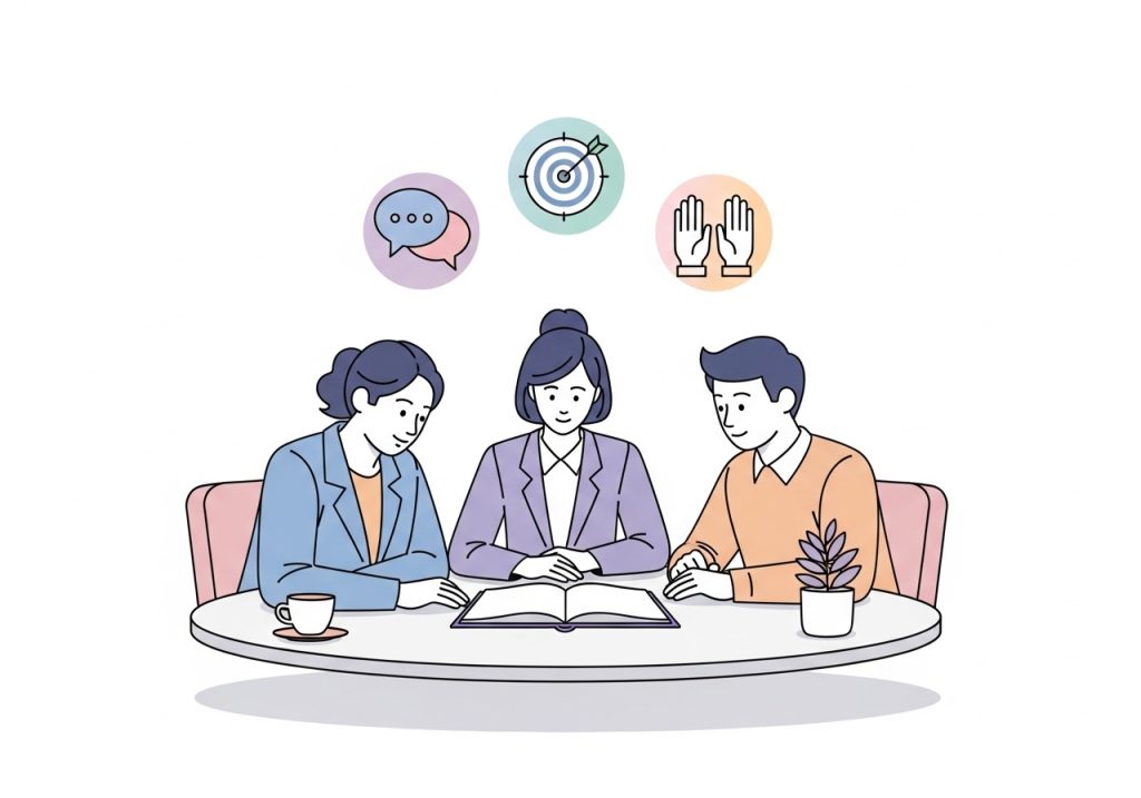 A team of a therapist, teacher, and parent collaborating to create a supportive social skills plan.