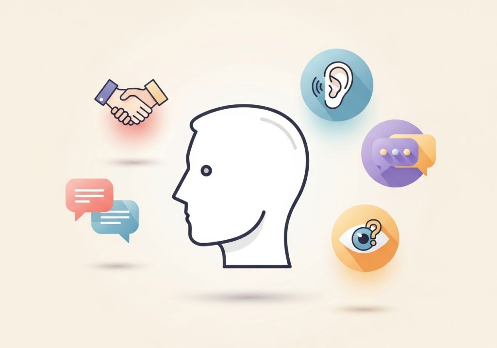 An illustration of the core components of social skills training, including icons for listening, conversation, and reading social cues.