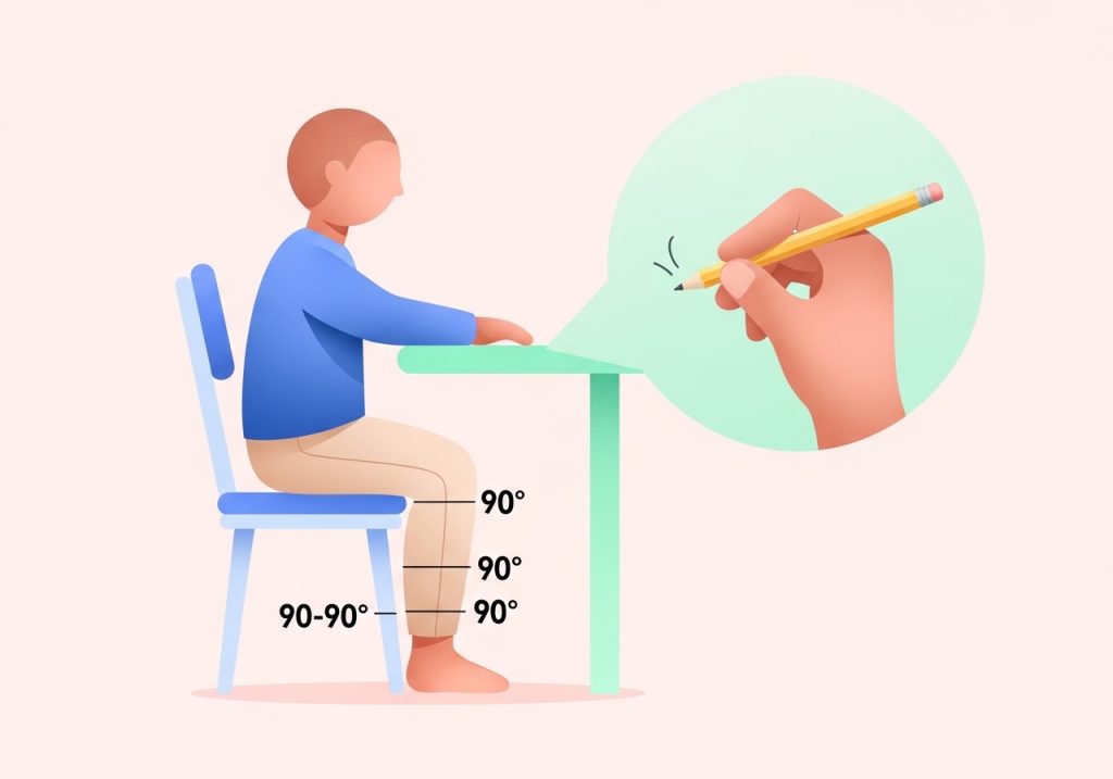 An illustration demonstrating correct posture and pencil grasp, which are foundational skills for cursive handwriting.