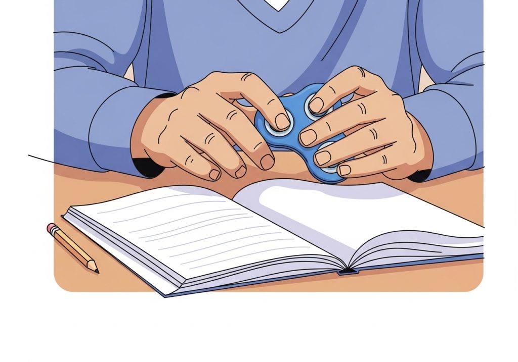 An illustration of a student's hands using a discreet fidget tool at their desk to improve focus.