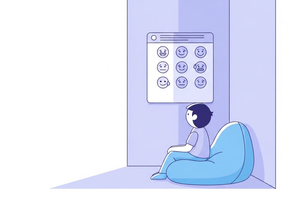 A child in a calm-down corner using a feelings chart, an example of an emotional regulation skill.