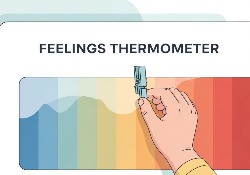 A vector illustration of a feelings thermometer, a tool used in emotional quotient games to teach self-regulation.