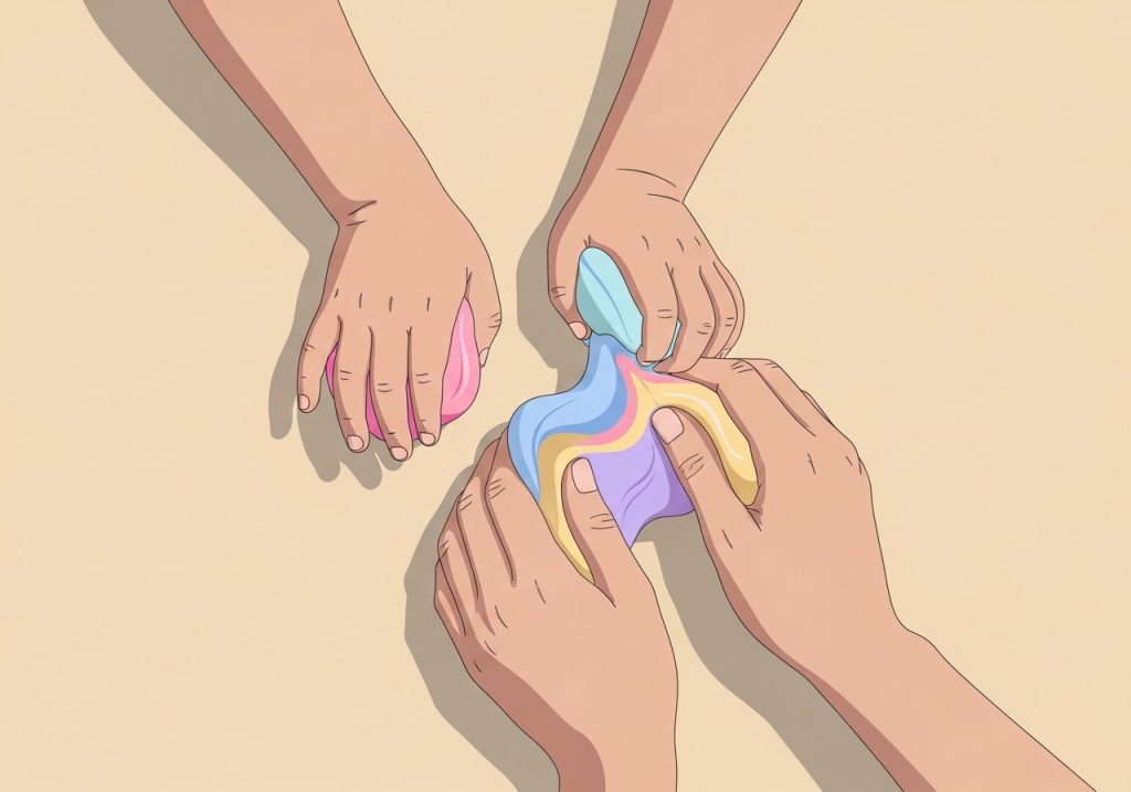 A child and adult working with theraputty, a fine motor skills example.