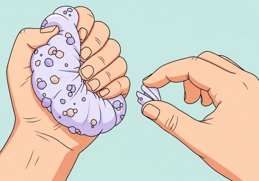 A close-up illustration of a child's hands strengthening fine motor skills by squeezing and pinching therapy putty.