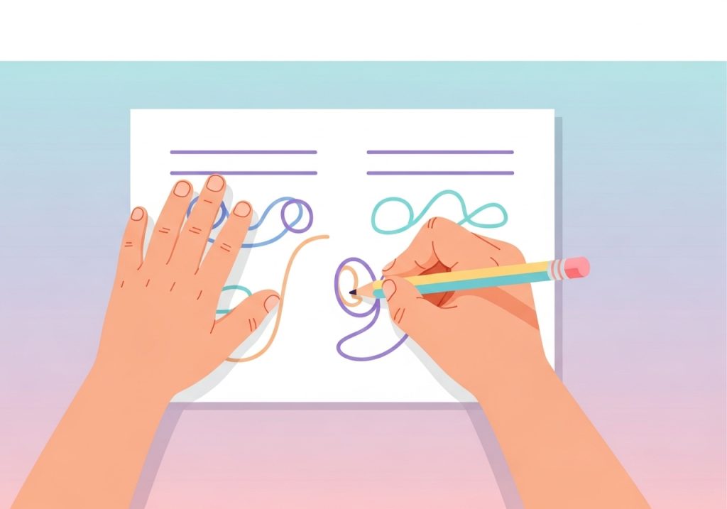 Illustration of a child practicing handwriting as part of a hand therapy program to improve fine motor control.
