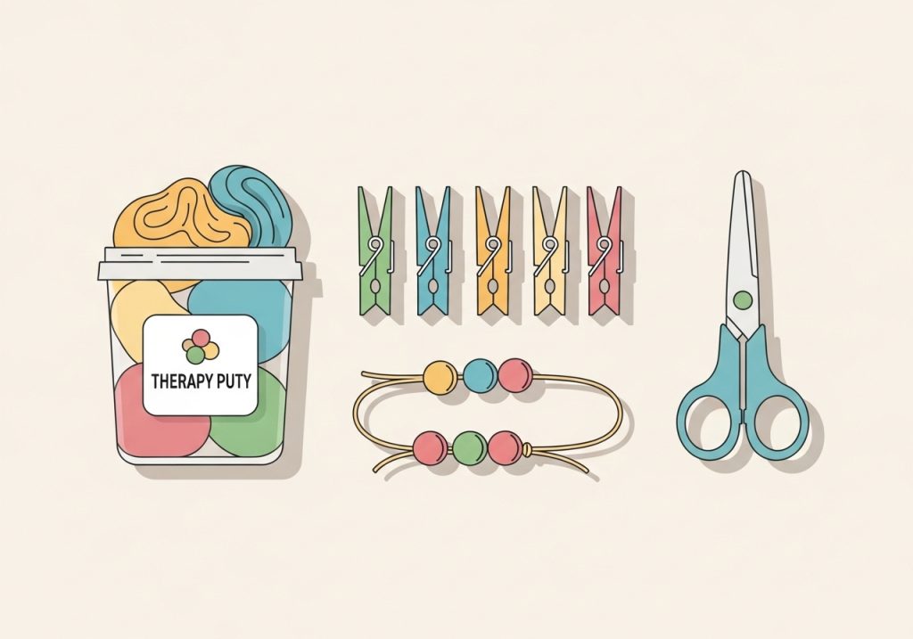 Vector illustration of common hand therapy tools for children, including therapy putty, clothespins, and lacing beads.