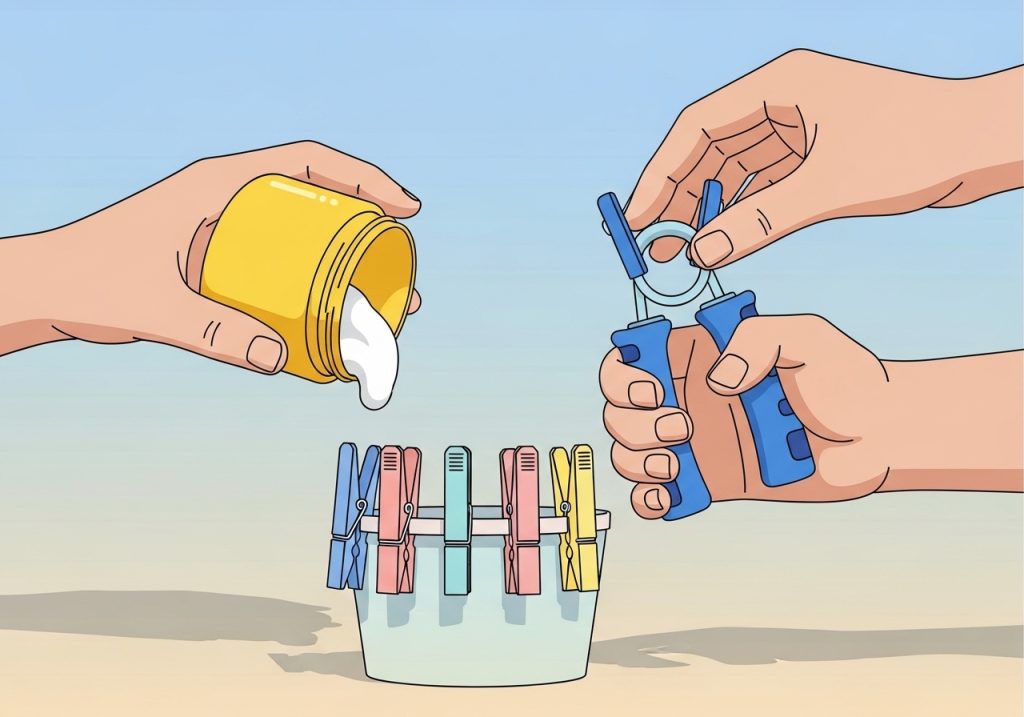 An illustration of common tools used in hand therapy, including therapeutic putty and a grip strengthener.