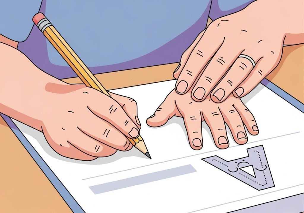 An illustration showing a student practicing letter formation using a handwriting guide for teachers.