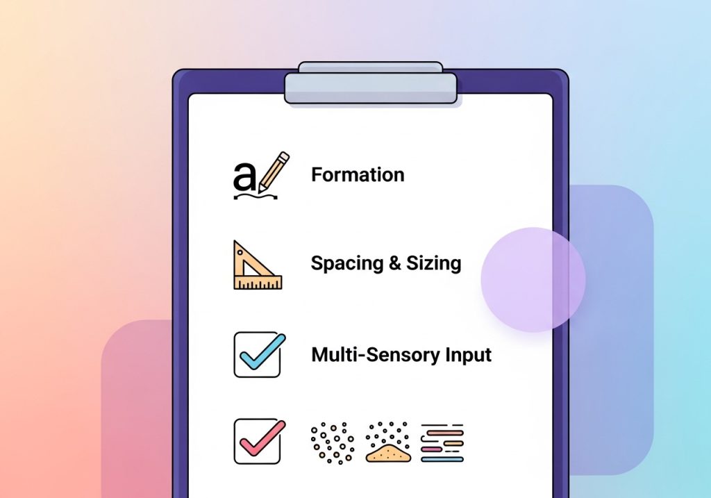 A checklist showing key components to evaluate in a handwriting program, including letter formation and spacing.