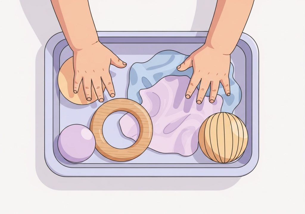 An infant-safe sensory bin with textured objects, an example of sensory activities for infants.