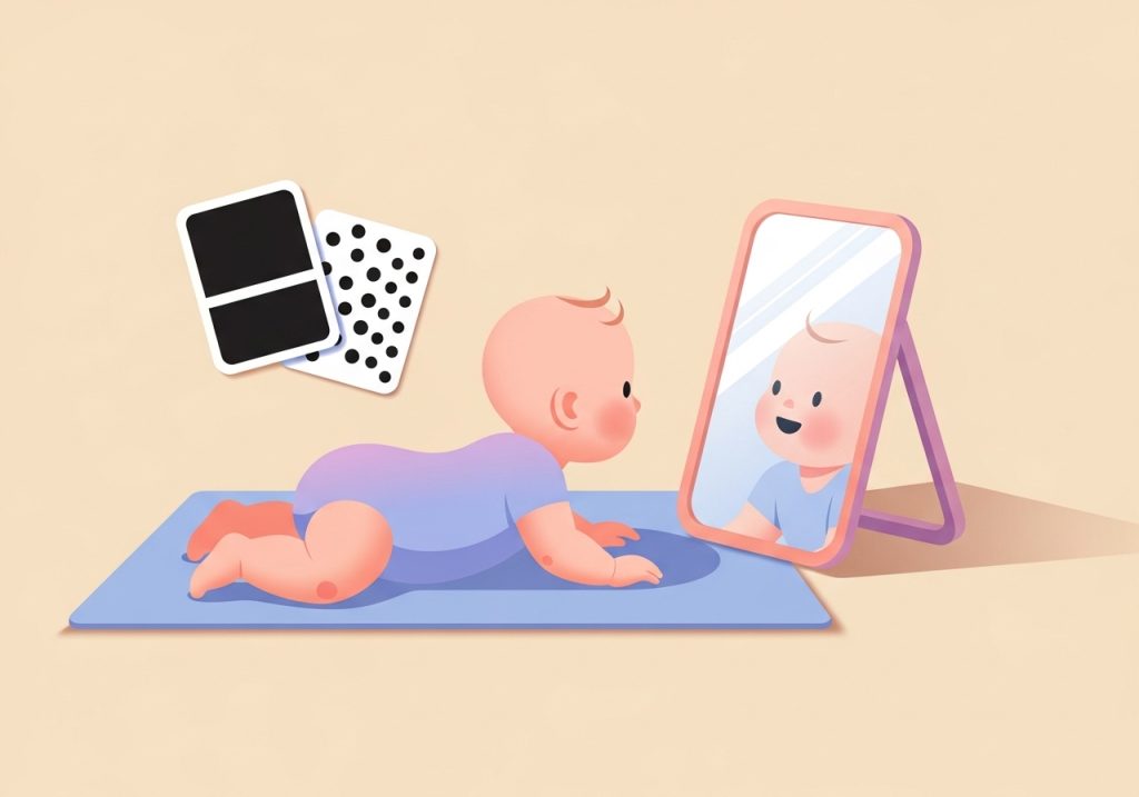 An infant doing tummy time with a baby-safe mirror and high-contrast cards to support neck strength.