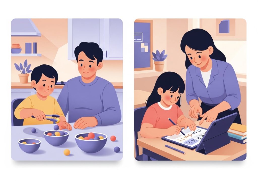 An illustration showing hand therapy activities integrated into daily life at home and in the classroom.