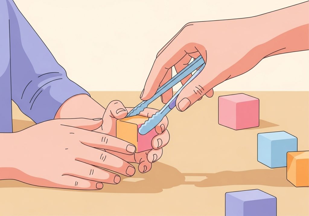An occupational therapist helps a child with fine motor skills, a key part of early intervention.